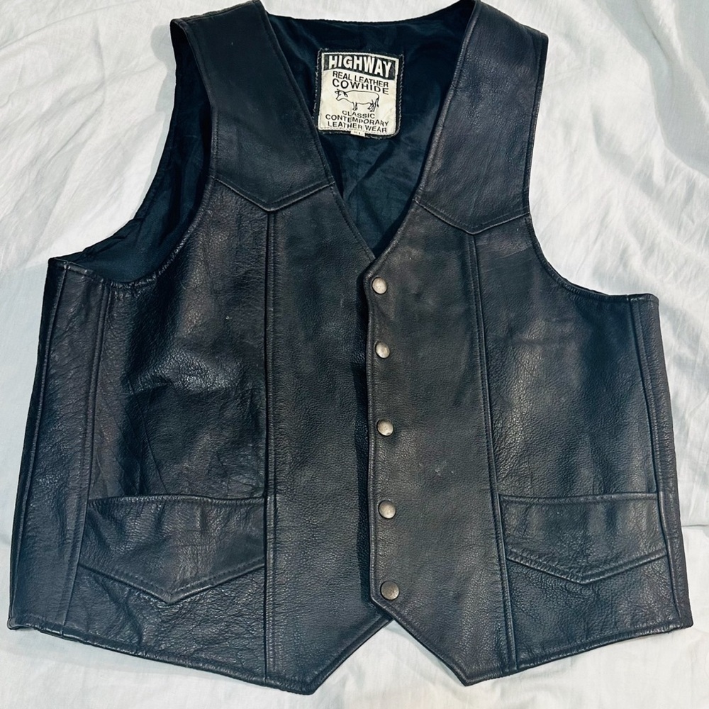 Men's Black Leather Cowhide‎ Motorcycle Vest Western USA Biker Cowboy Rugged VTG